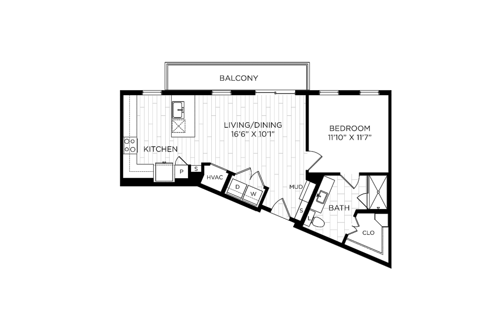 A16 - 1 bedroom floorplan layout with 1 bathroom and 720 square feet