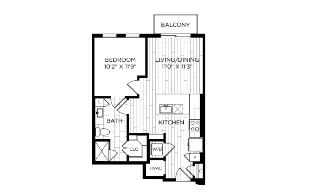 A7 - 1 bedroom floorplan layout with 1 bathroom and 676 square feet